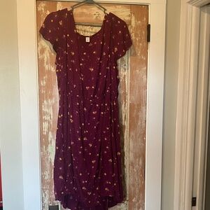Old Navy Burgundy Midi Dress with Yellow Floral Print